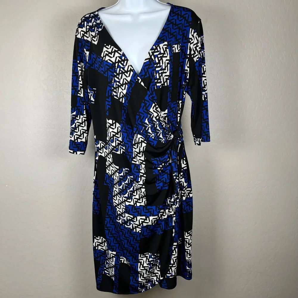 Apt 9 Women's Geometric Print Wrap‎ Stretch Dress Blue Black White Size L